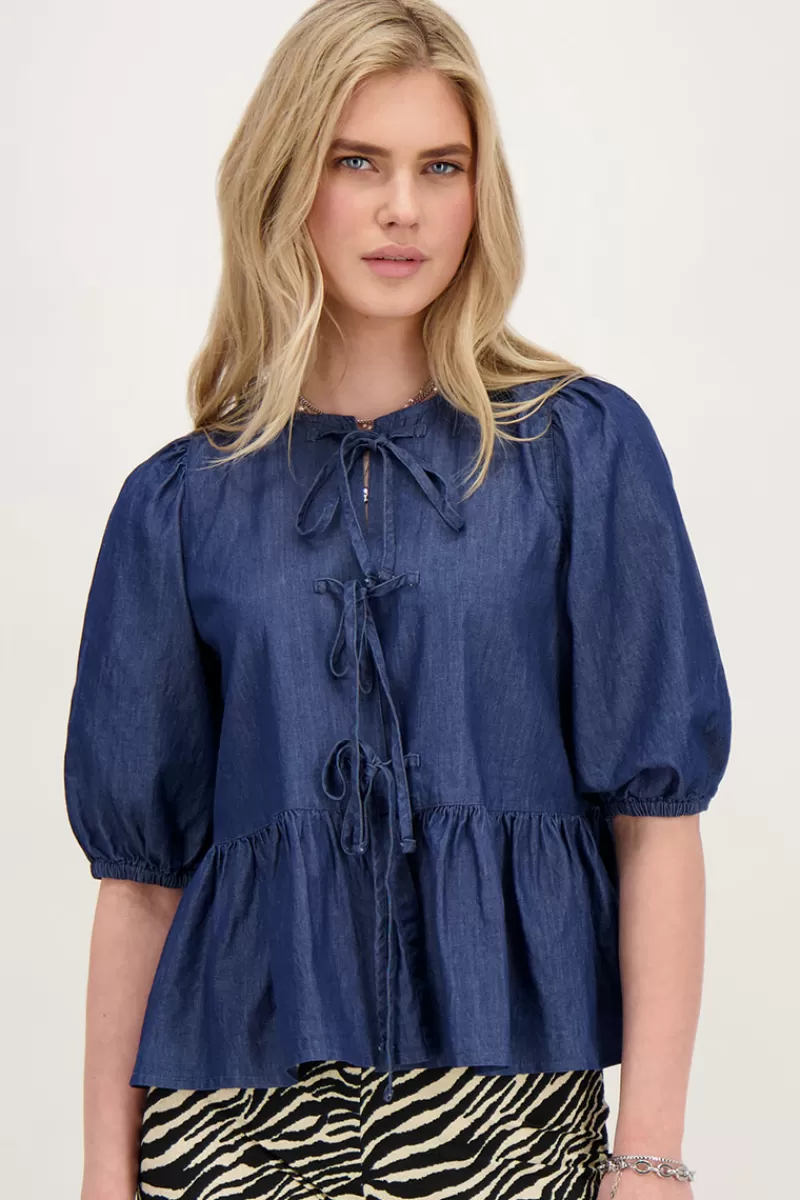 My Jewellery Top En Denim Bleu Avec Nœuds Et Manches Bouffantes
