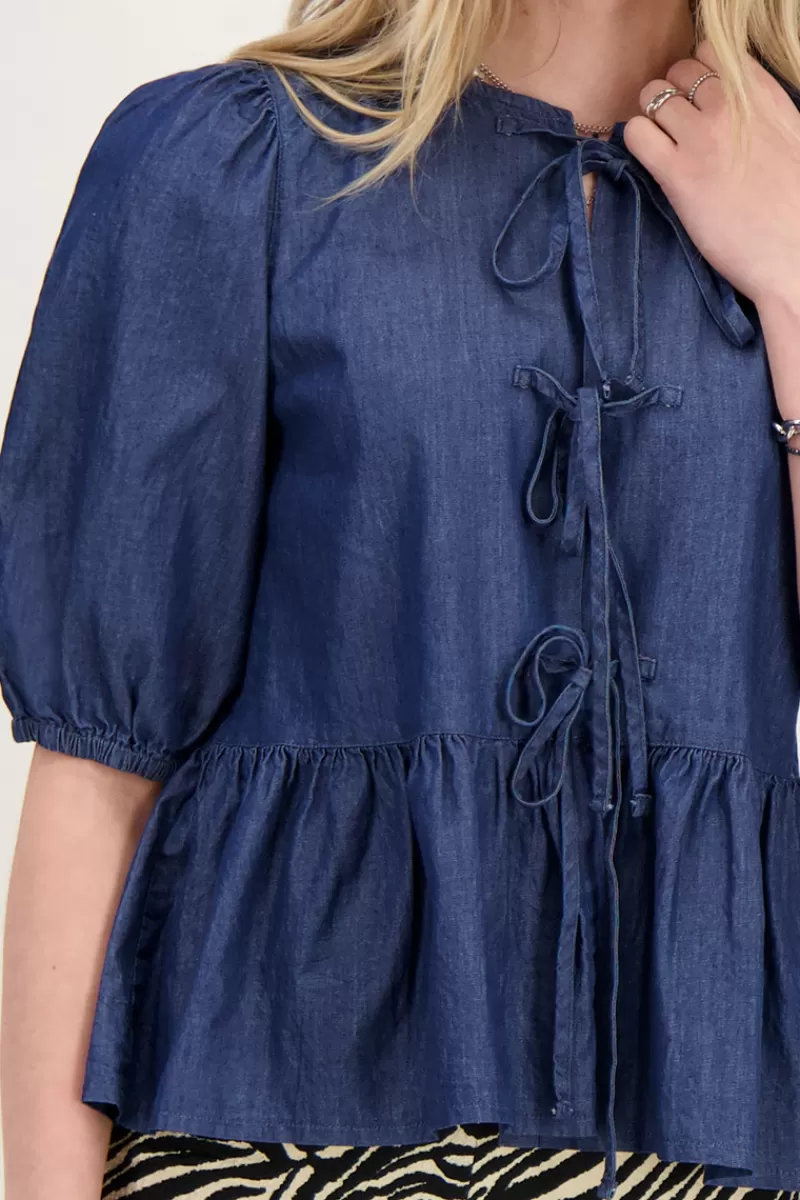 My Jewellery Top En Denim Bleu Avec Nœuds Et Manches Bouffantes