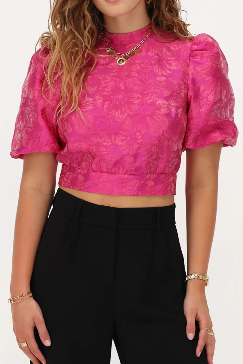 My Jewellery Top En Jacquard Rose Avec Dos Ouvert Et Manches Bouffantes