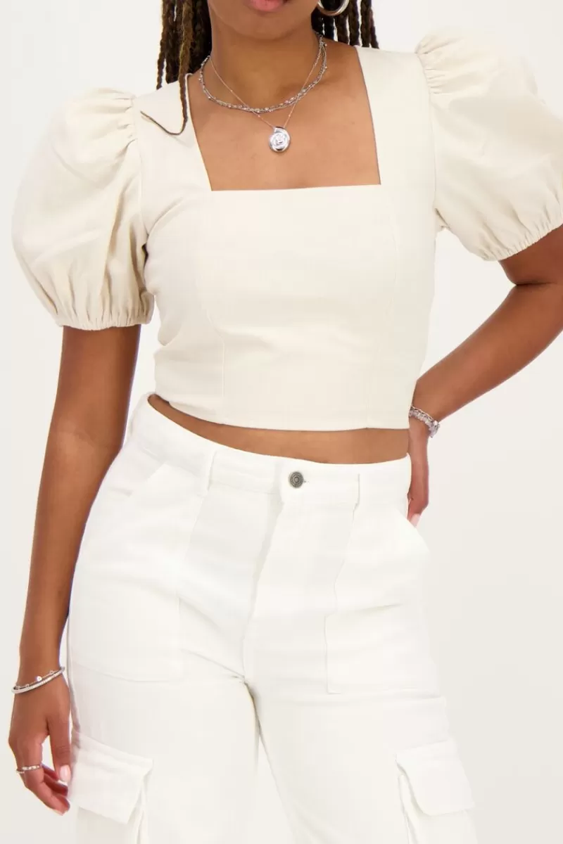 My Jewellery Top En Lin Beige Avec Manches Bouffantes