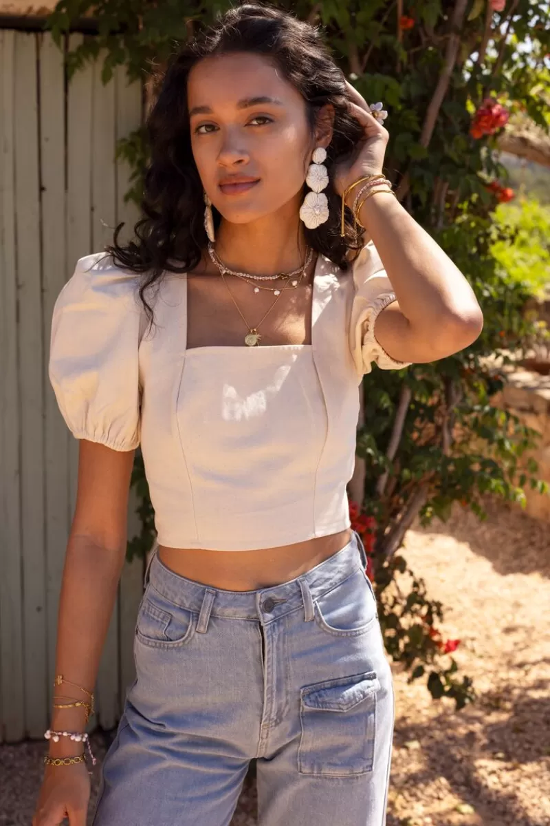 My Jewellery Top En Lin Beige Avec Manches Bouffantes