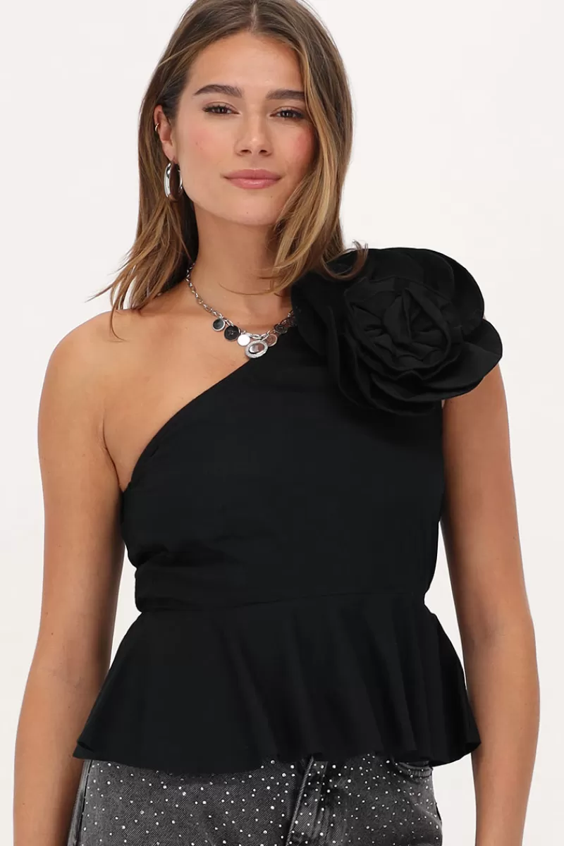 My Jewellery Top Noir Asymétrique Avec Une Grande Fleur