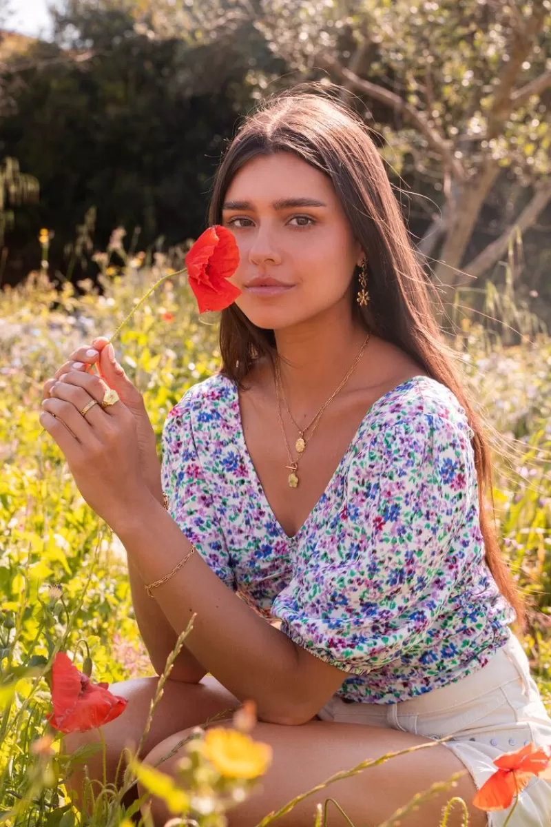 My Jewellery Top Plissé Blanc Fleuri