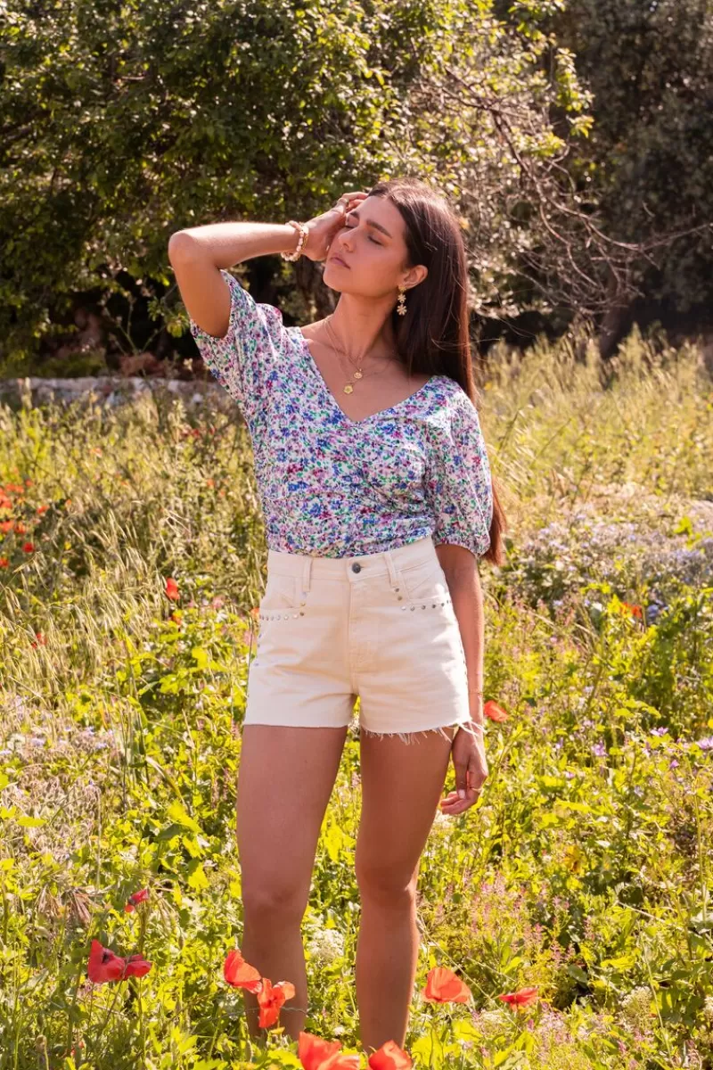 My Jewellery Top Plissé Blanc Fleuri