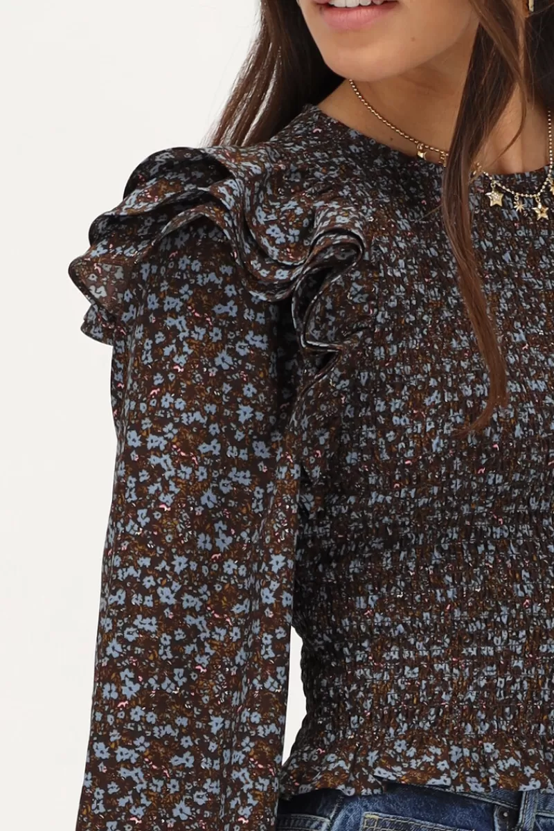My Jewellery Top Smocké Marron Avec Imprimé Floral Bleu