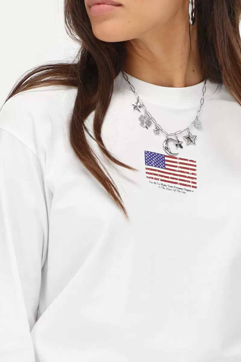 My Jewellery T-shirt Blanc à Manches Longues Avec Drapeau Américain