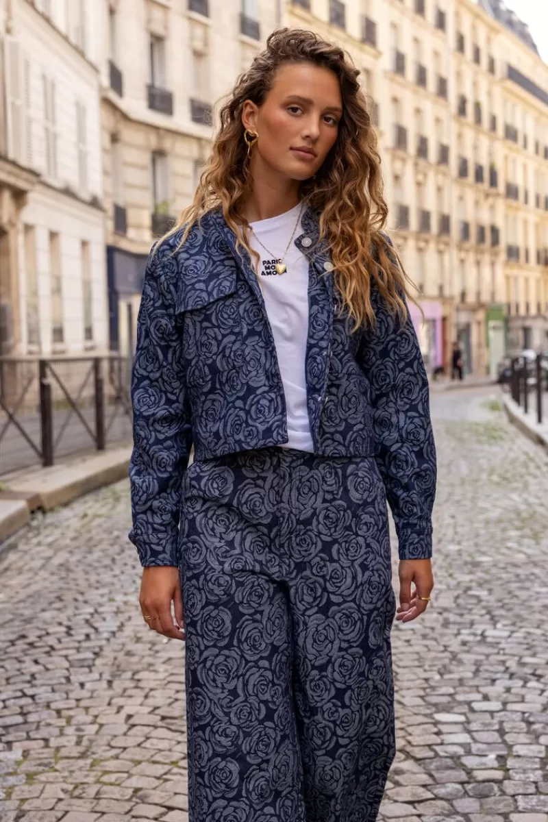 My Jewellery Veste En Jean Bleu Avec Des Roses