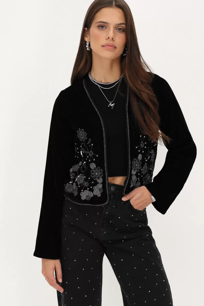 My Jewellery Veste En Velours Noir Avec Broderie Argentée