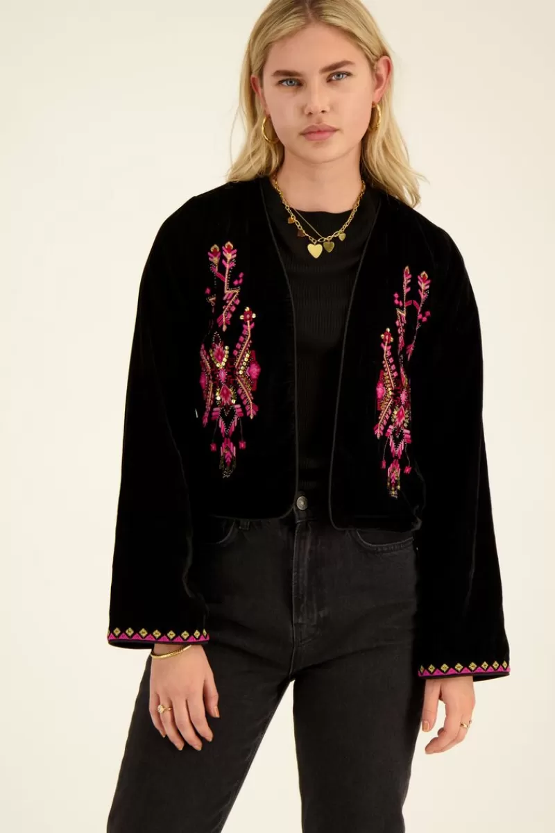 My Jewellery Veste En Velours Noir Avec Broderie Rose