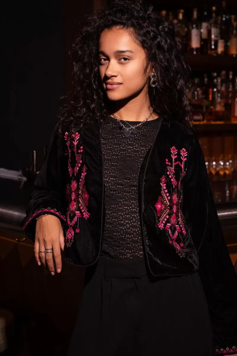My Jewellery Veste En Velours Noir Avec Broderie Rose