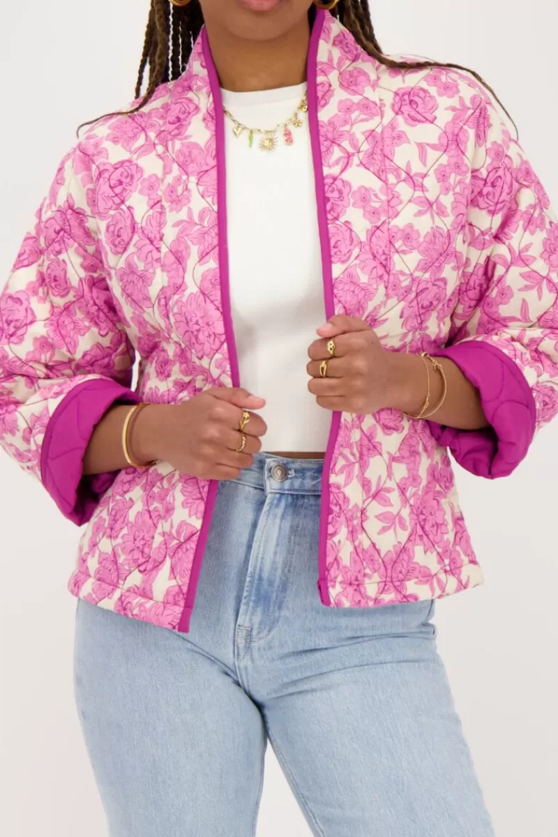 My Jewellery Veste Kimono Beige à Imprimé Fleuri Rose Et Violet