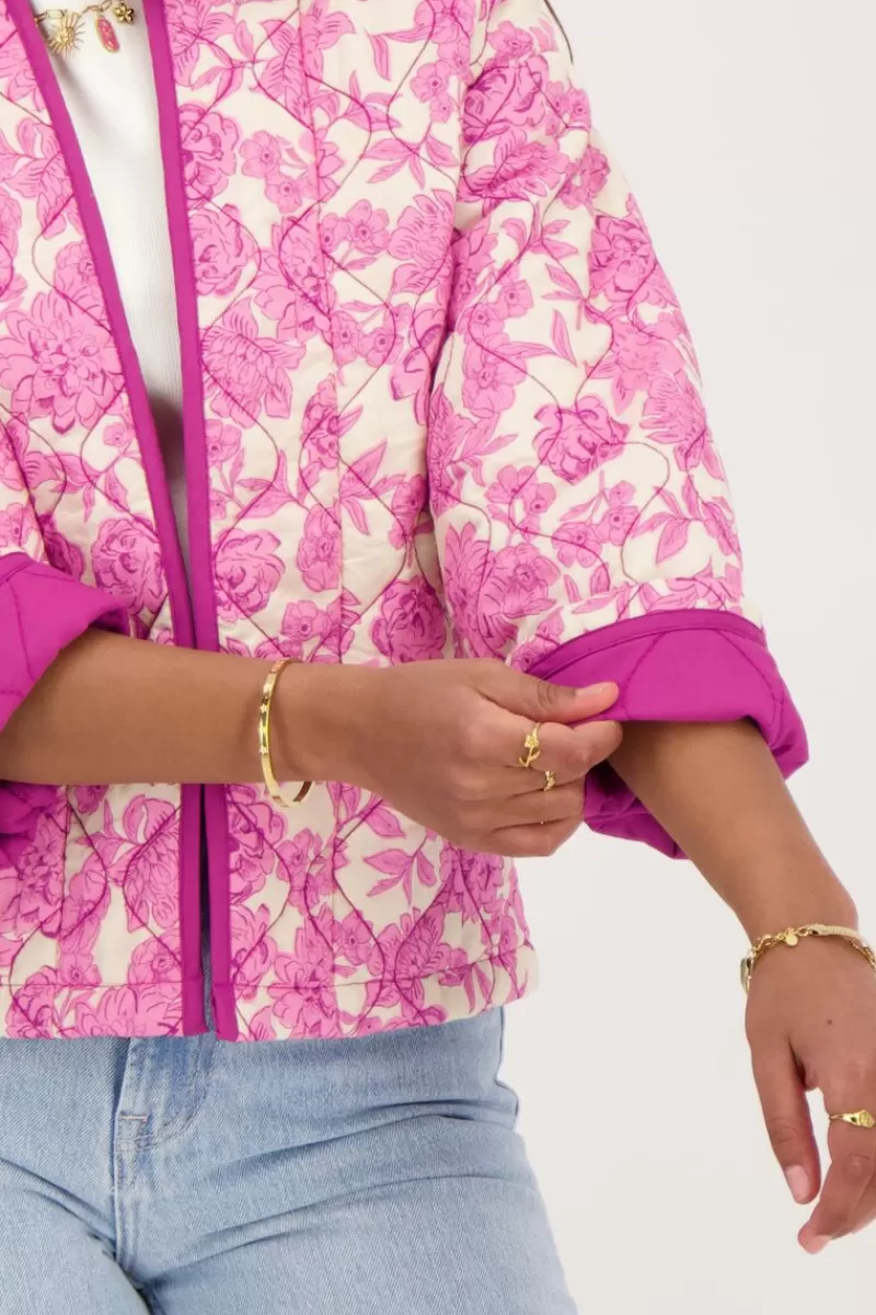 My Jewellery Veste Kimono Beige à Imprimé Fleuri Rose Et Violet