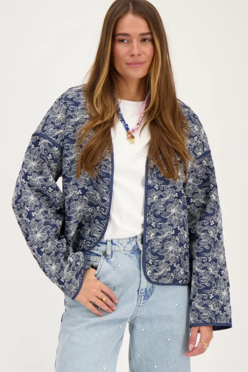 My Jewellery Veste Kimono En Chambray Bleu Avec Broderie