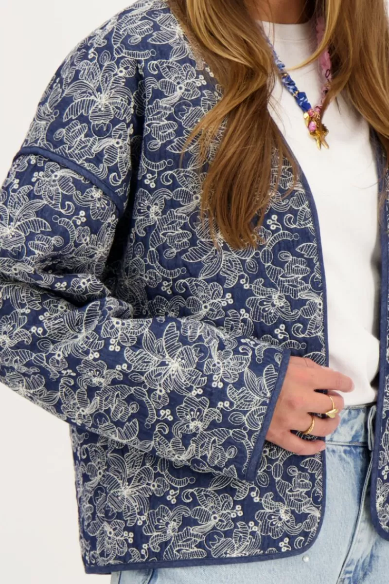 My Jewellery Veste Kimono En Chambray Bleu Avec Broderie