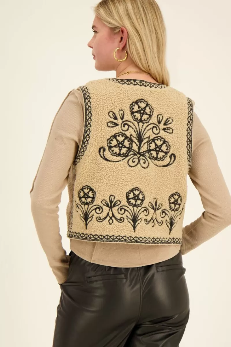 My Jewellery Veste Sans Manche Teddy Beige & Broderie Noire