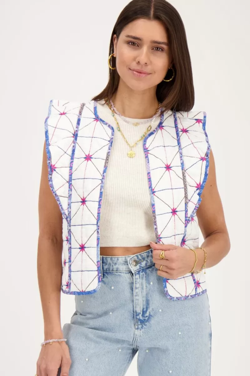 My Jewellery Veste Sans Manches Blanche Avec Broderies Bleues Et Roses