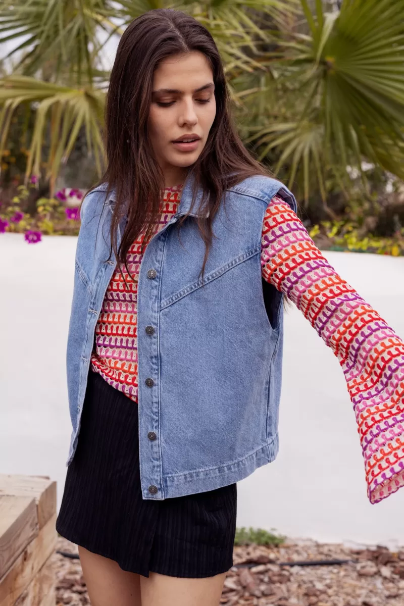 My Jewellery Veste Sans Manches En Denim Bleu Avec épaulettes