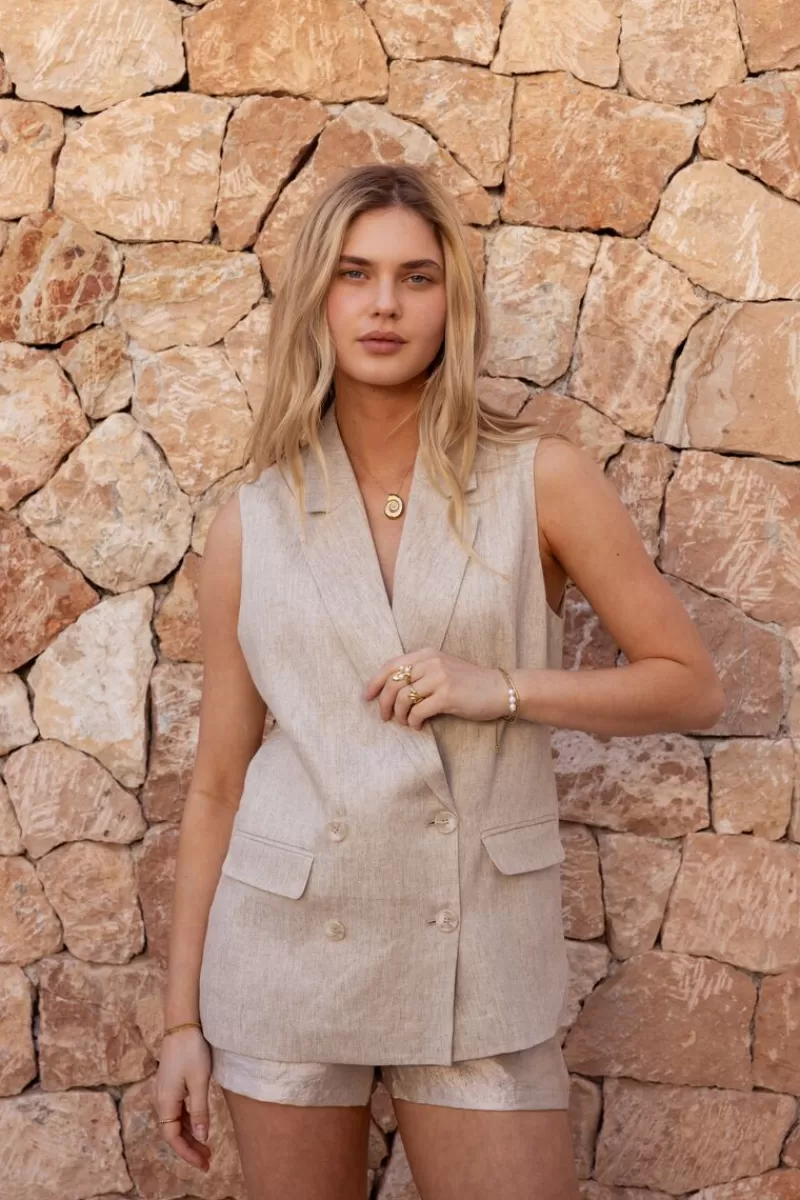 My Jewellery Veste Sans Manches En Lin Beige Avec Boutons