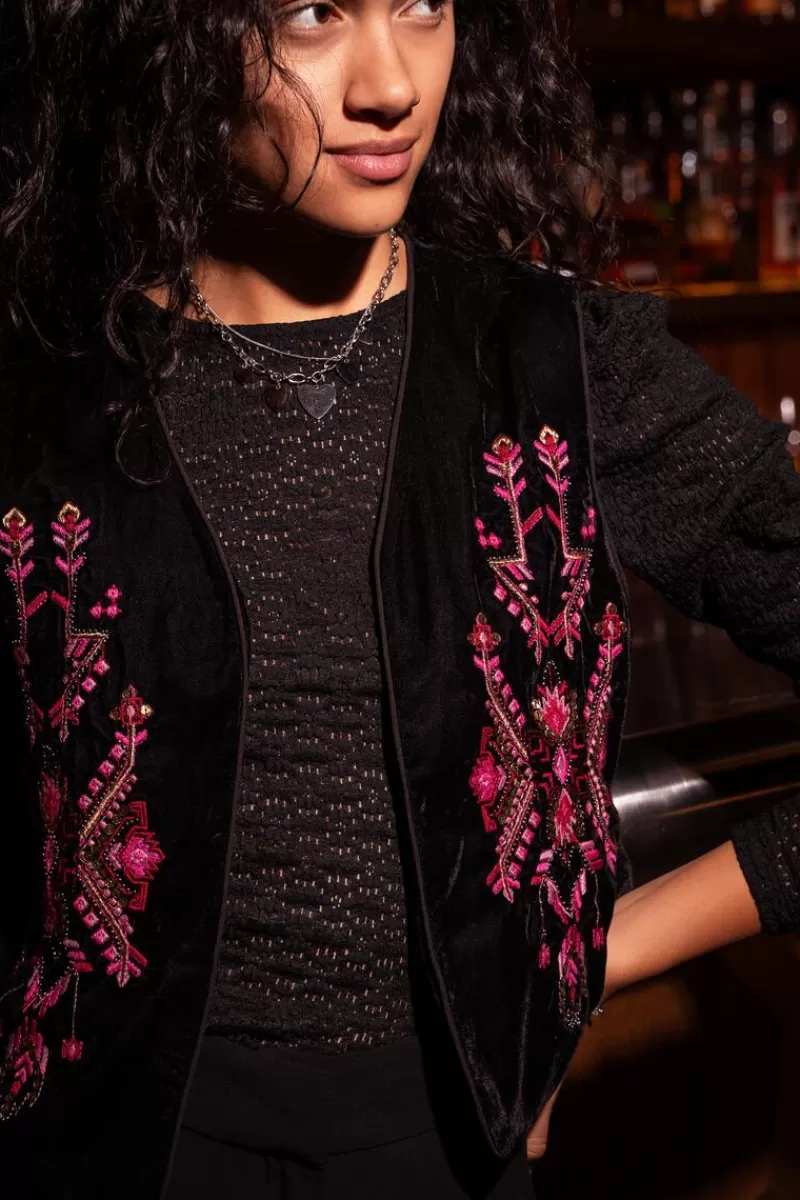My Jewellery Veste Sans Manches En Velours Noir Et Broderie Rose