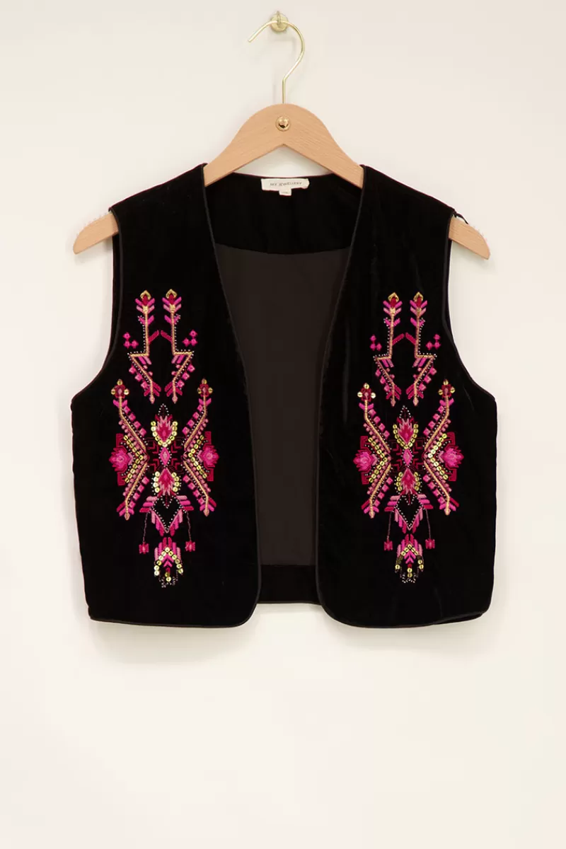 My Jewellery Veste Sans Manches En Velours Noir Et Broderie Rose