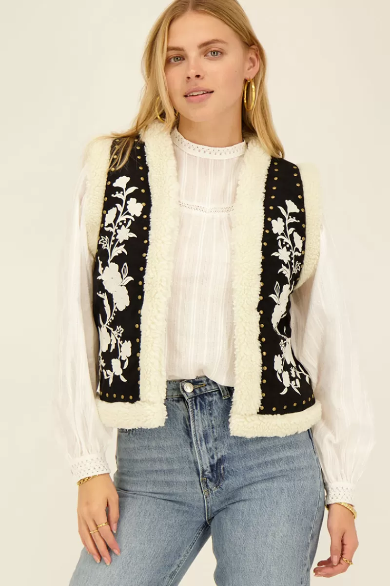 My Jewellery Veste Sans Manches Noire En Teddy Et Broderies Blanches