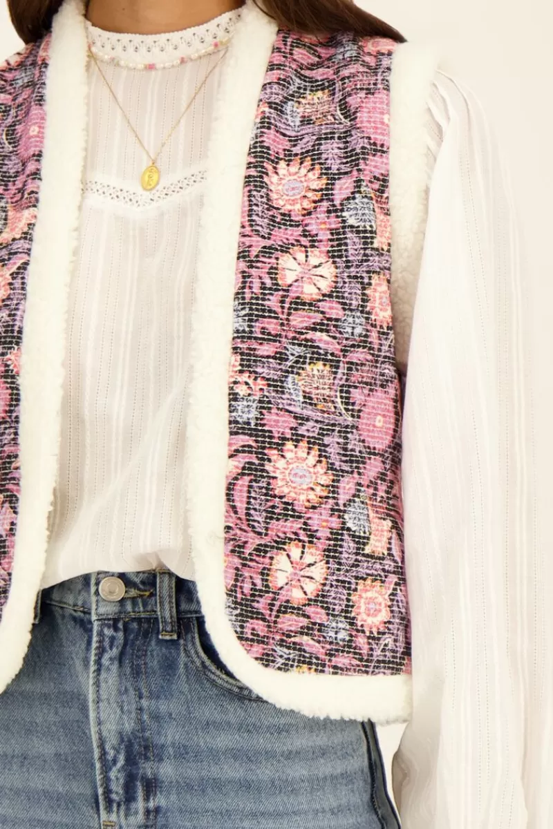 My Jewellery Veste Sans Manches Teddy & Denim Fleuri