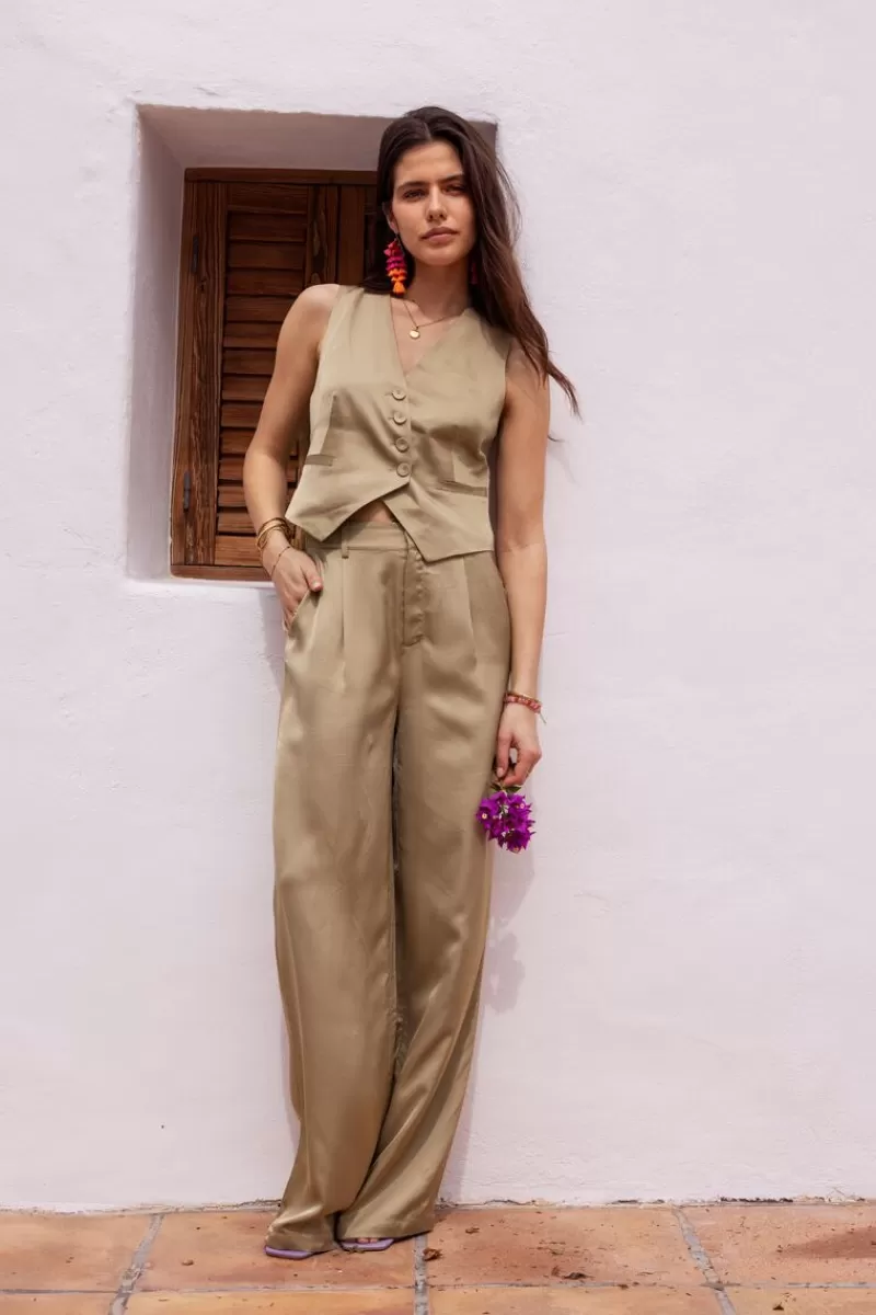 My Jewellery Veste Sans Manches Verte Olive Aspect Satiné